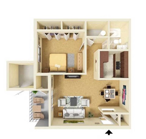 Floor plan for 1 bed, 1 bath, 513 sqft